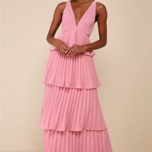 Lulu's Mesmerizing Essence Pink Pleated Backless Tiered Maxi Dress